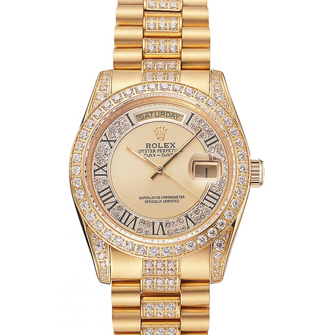 AAA Replica Watches Pave Dial Rolex Diamond Gold 1453954 Diamond Gold Swiss Day-Date Bracelet 0723